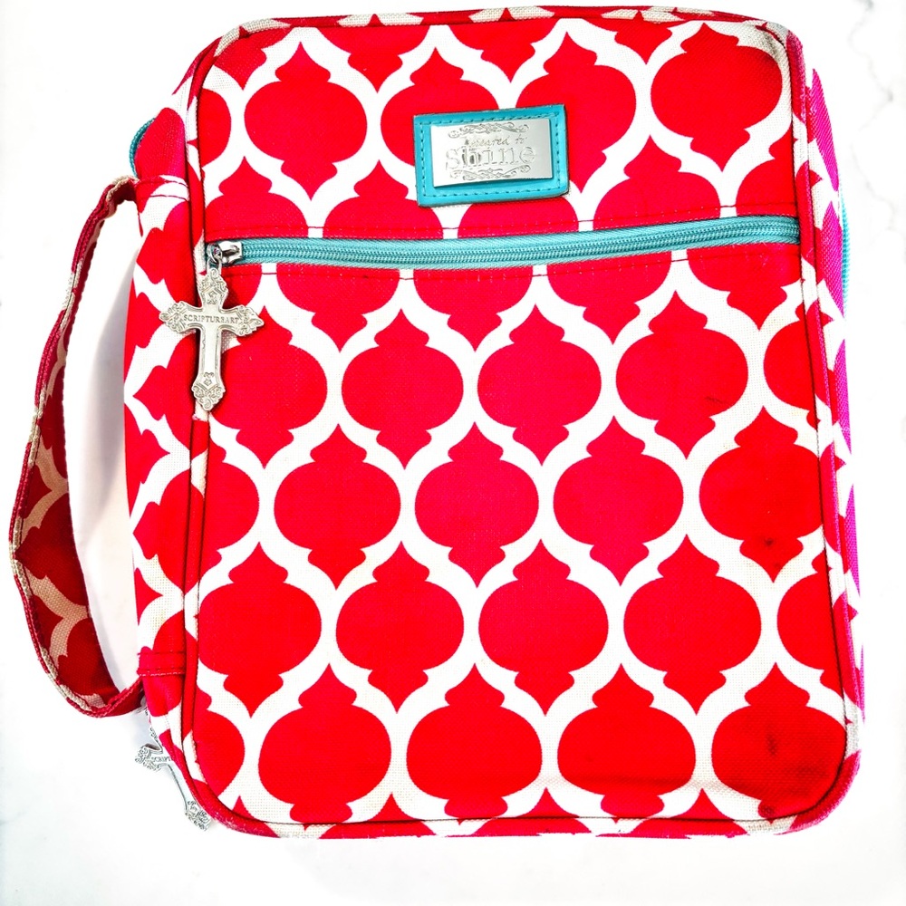 Red and White Patterned Women’s Crossbody Bag with Turquoise Trim